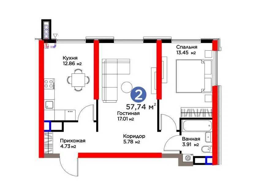 ЖК BI SAN`AT 2-к квартира 57.74 м2. г. Ташкент, ул Фергана йули