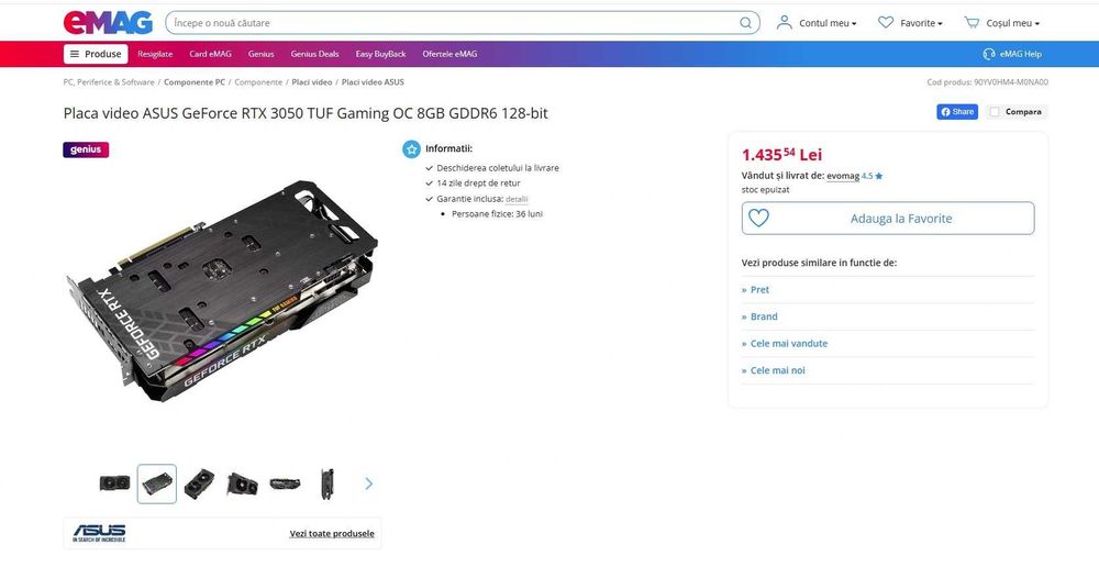 Placă video ASUS GeForce RTX 3050 TUF Gaming OC  de 8GB GDDR6