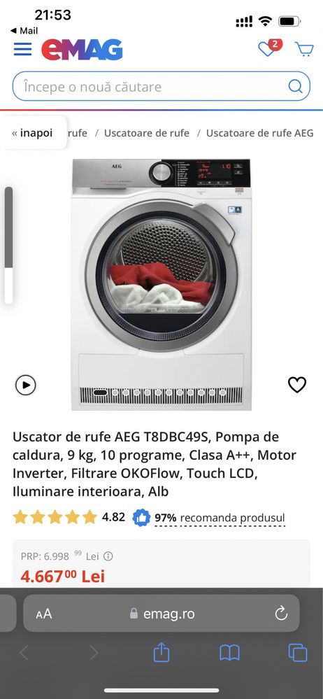 Uscator de rufe AEG T8DBC49S 9kg