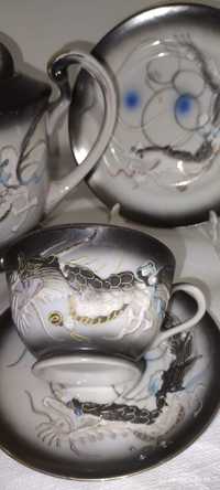 Vintage Asian Blue Eyed Dragon Dragonware Moriage Tea Cup & Saucer Jap