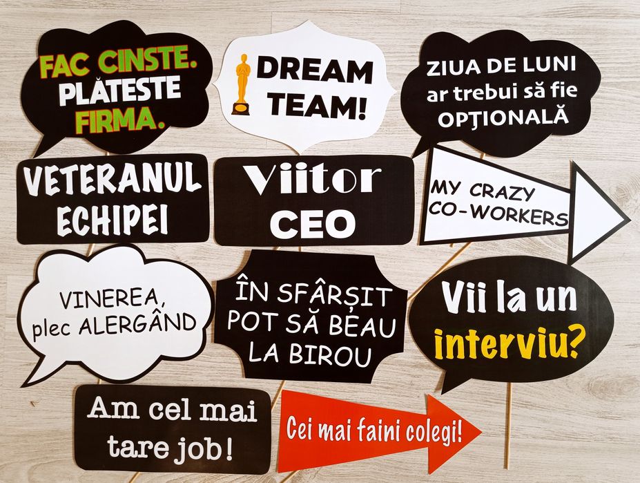 Recuzită foto propsuri pancarte mesaje petrecere firma corporate
