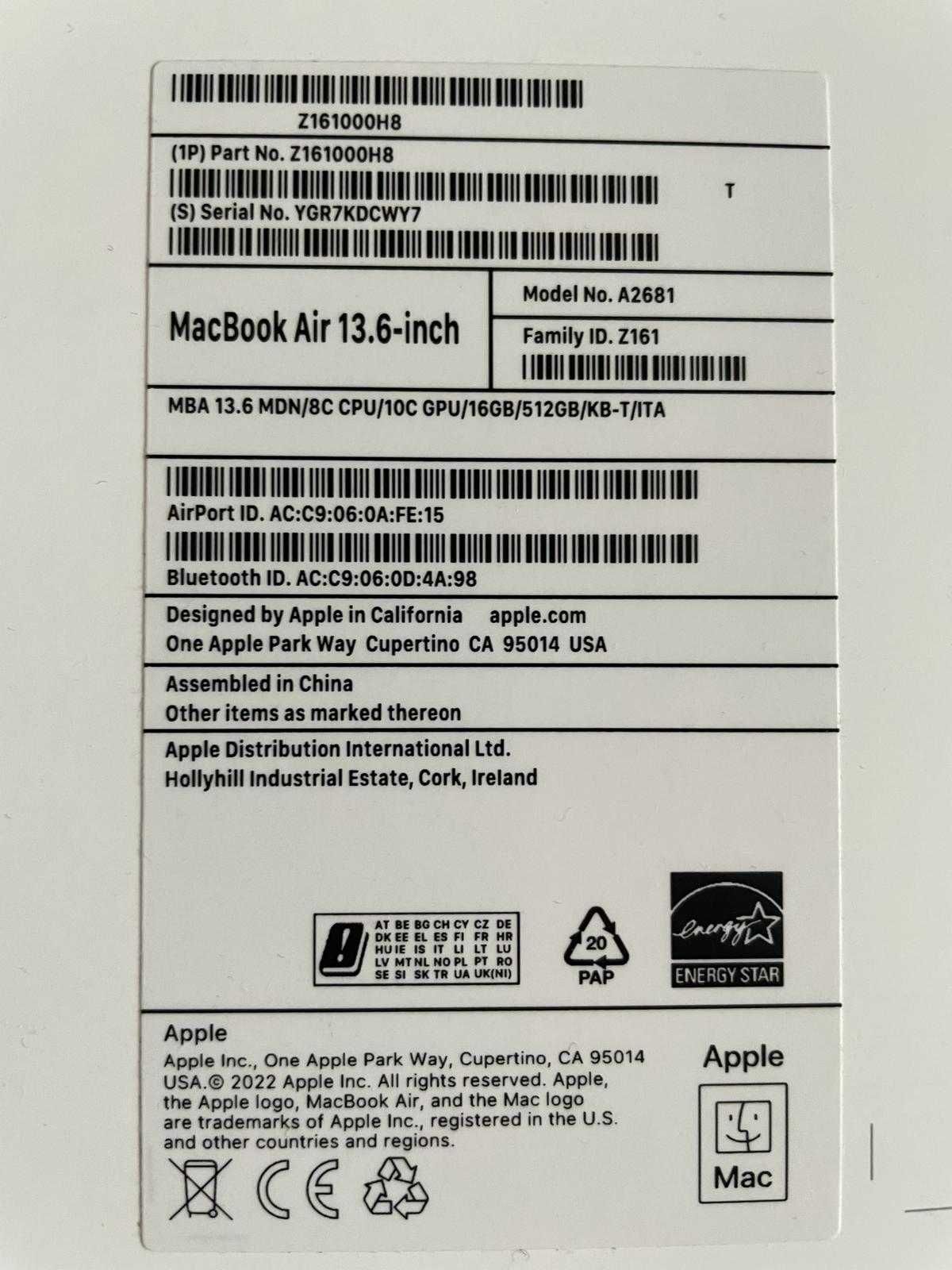 Apple MacBook Air M2 13 16GB 512GB Perfect Verificat de Apple 19-2-24