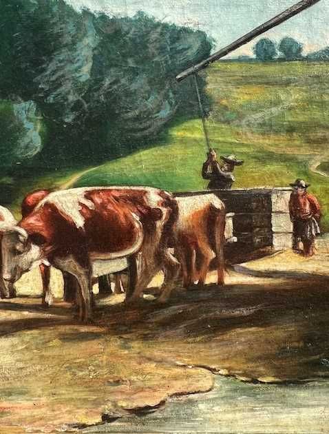 Tablou f VECHI, 110 ani ”Vaci la adăpat”, ul/pz, 80x60cm+R, semn-datat