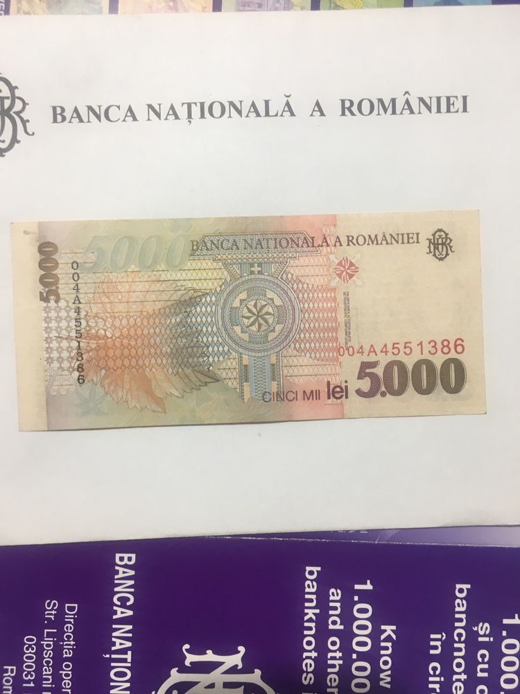 Bancnota 5000 Lei Lucian Blaga serie A noua necirculata si 1000 Lei