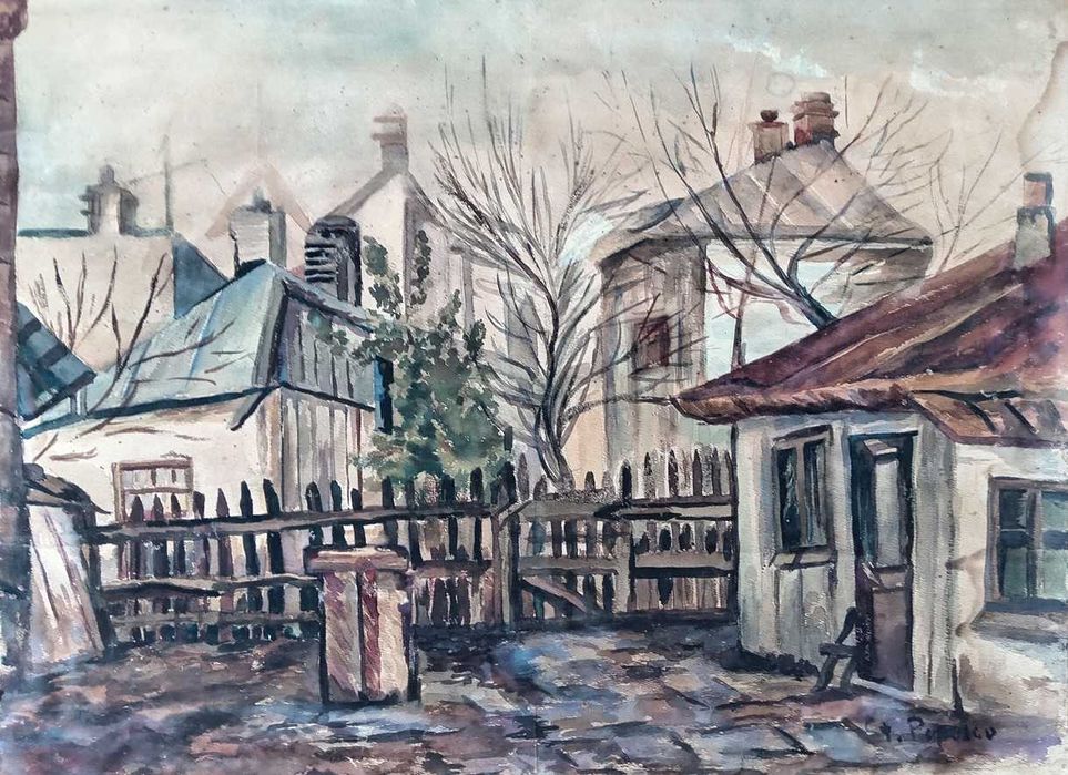 Tablou vechi - peisaj urban vechi - semnat St. Popescu