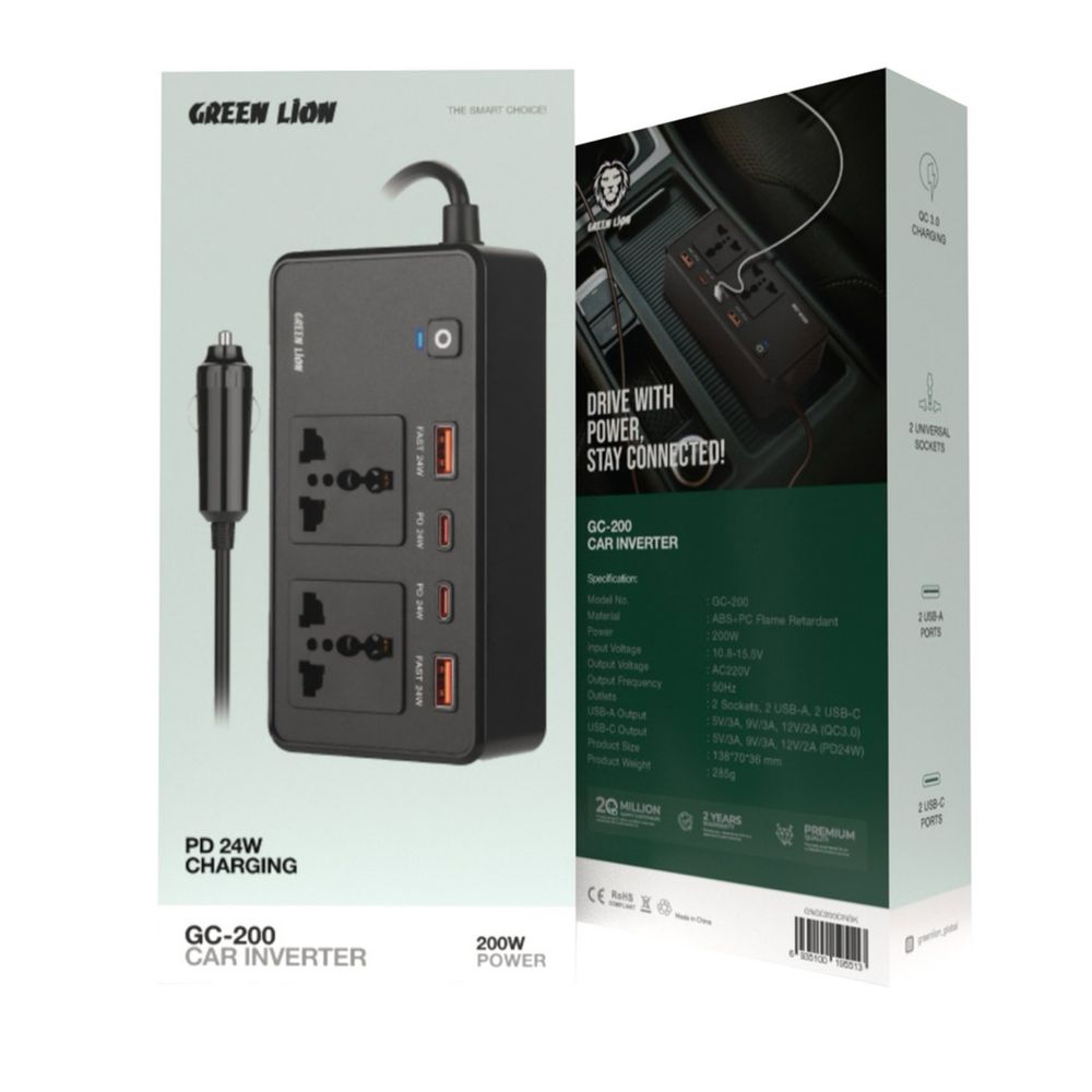 Инвертор в аиомобиль green lion 200w