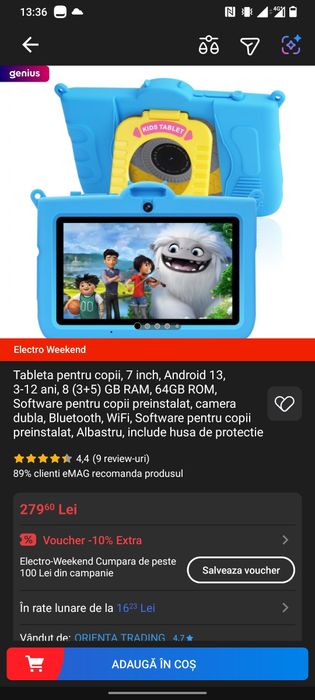 Tableta pentru copii, 7 inch, Android 13, 3-12 ani, albastra sau roz