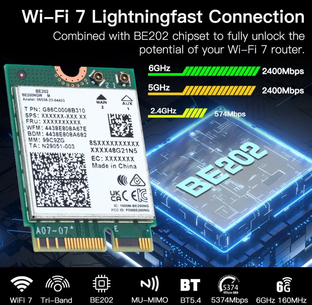 Сетевая карта для ноутбука Wi-Fi 7 и Bluetooth BE202. Новая. Янги