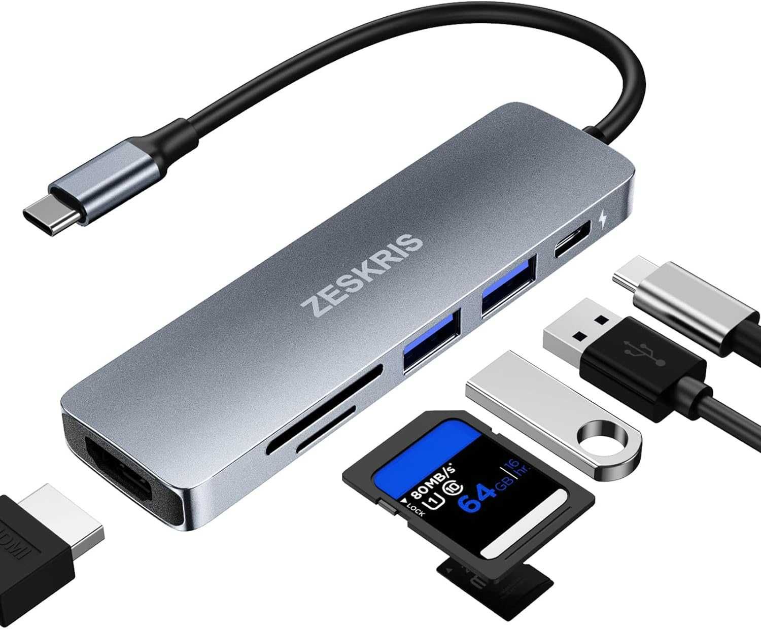 Adaptor Hub USB C ZESKRIS,6în1,USB 3.0,4K HDMI 100W PD,Macbook AirPro
