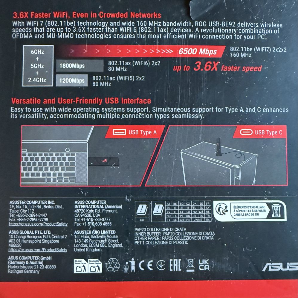 Asus ROG USB BE-92 Wi-Fi 7 безжичен адаптер