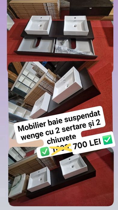 Mobilier baie suspendat WENGE cu 2 chiuvete