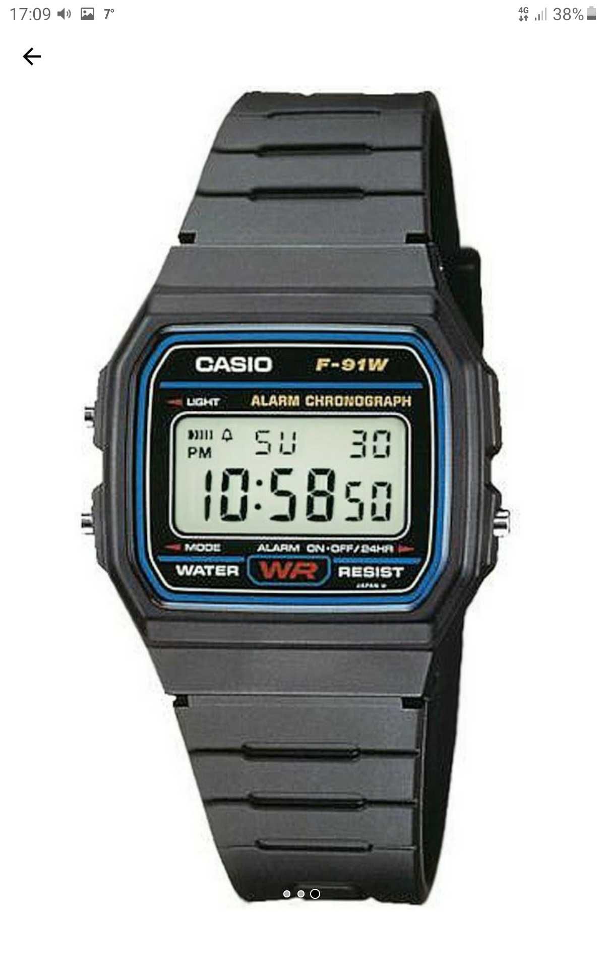 Ceas clasic CASIO F-91W-1YER,Quartz,afisaj digital,iluminare,nou.