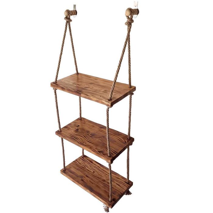 Raft suspendat din lemn ars si sfoara, handmade, rustic