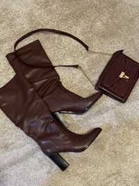 Дамски ботуши и чанта кожени под коляно бордо цвят 39