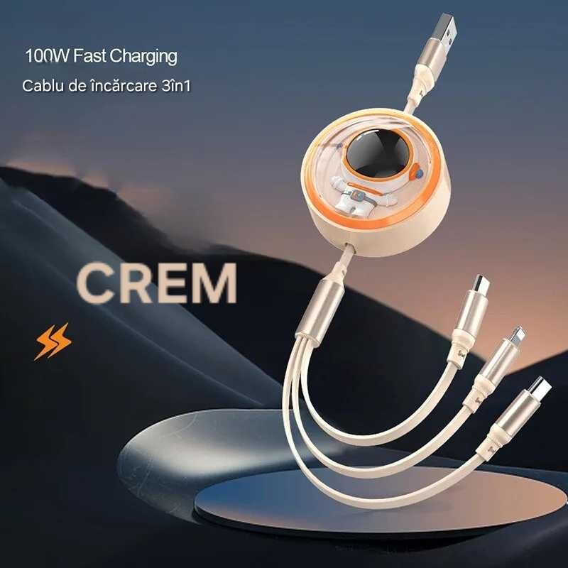 Cablu 3in1 Telescopic. Date/Încărcare Fast Charge. UsbC/Micro/IOS Bej