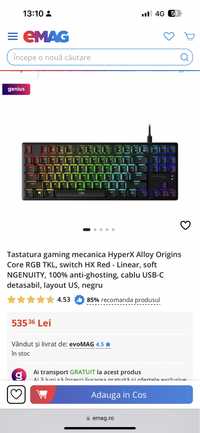 Vand tastatura HyperX Alloy Origins Core RGB TKL, switch HX Red