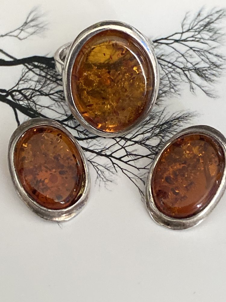 Set modern cercei inel ag 925 si chilimbar natural cognac
