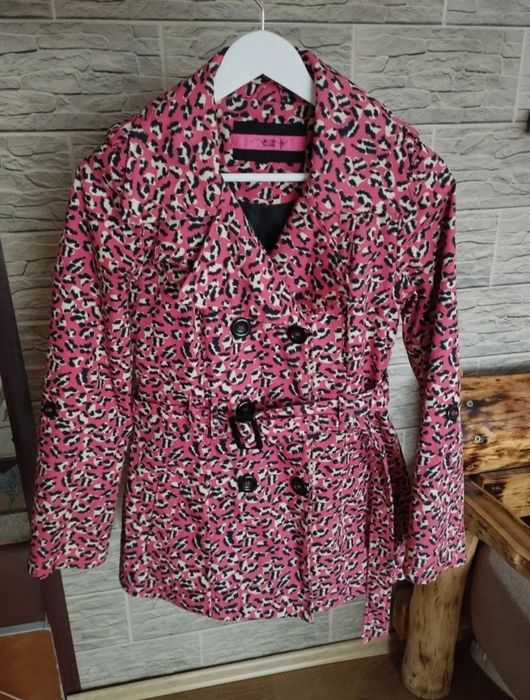 Trenci scurt ,multicolor,cu cordon în talie