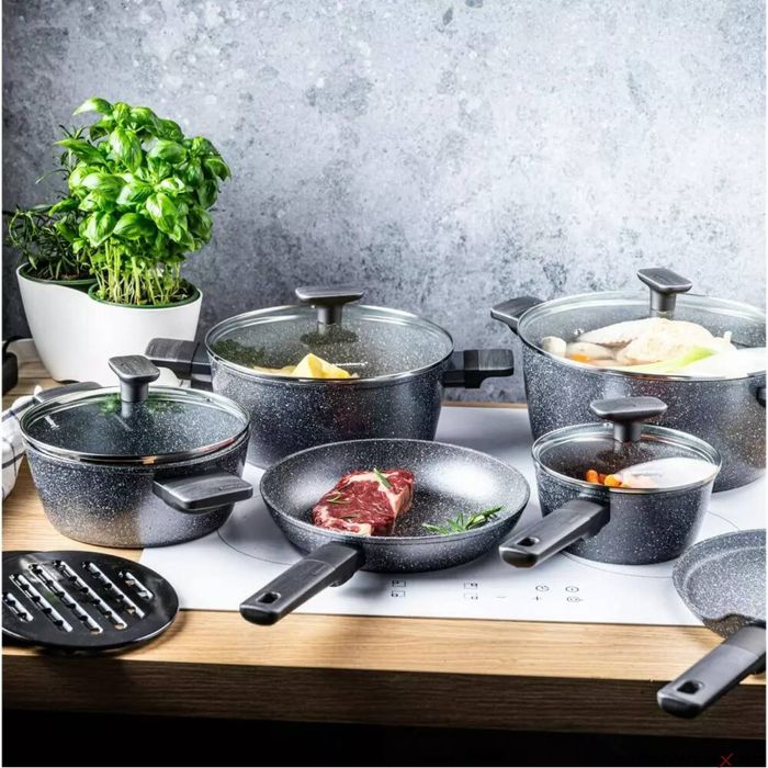 Set oale si tigai, 12 bucati, acoperit antiaderent, gri cu manere din