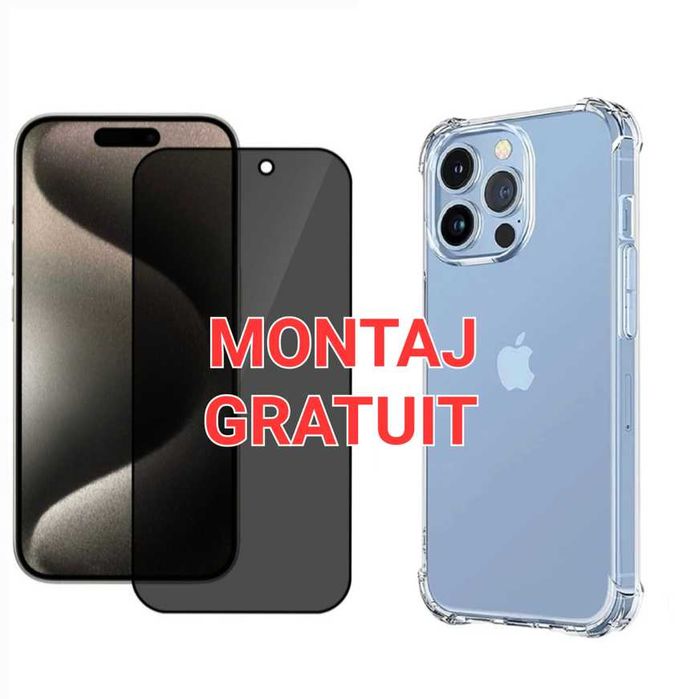 Set Folie Sticla Privacy + Husa AntiSoc iPhone 15 Pro . 16 Pro 17 Pro