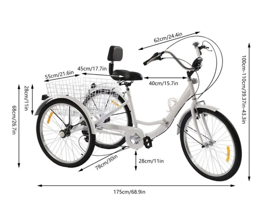 Tricicletă adulți cu roți de 24" inchi neagră,pliabilă