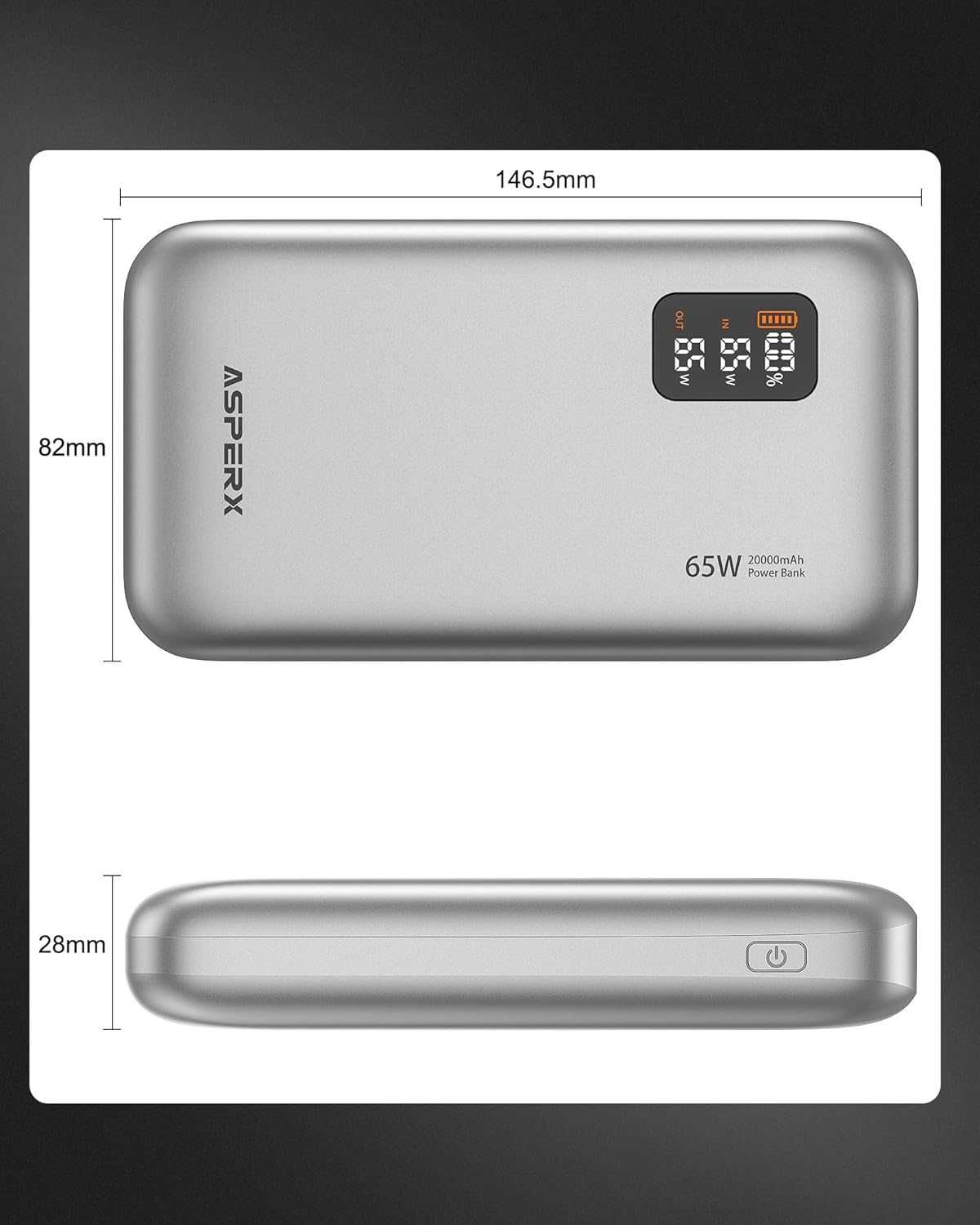 Външна батерия ASPERX 65W 20000mAh Power Bank Бързо зареждане, дисплей
