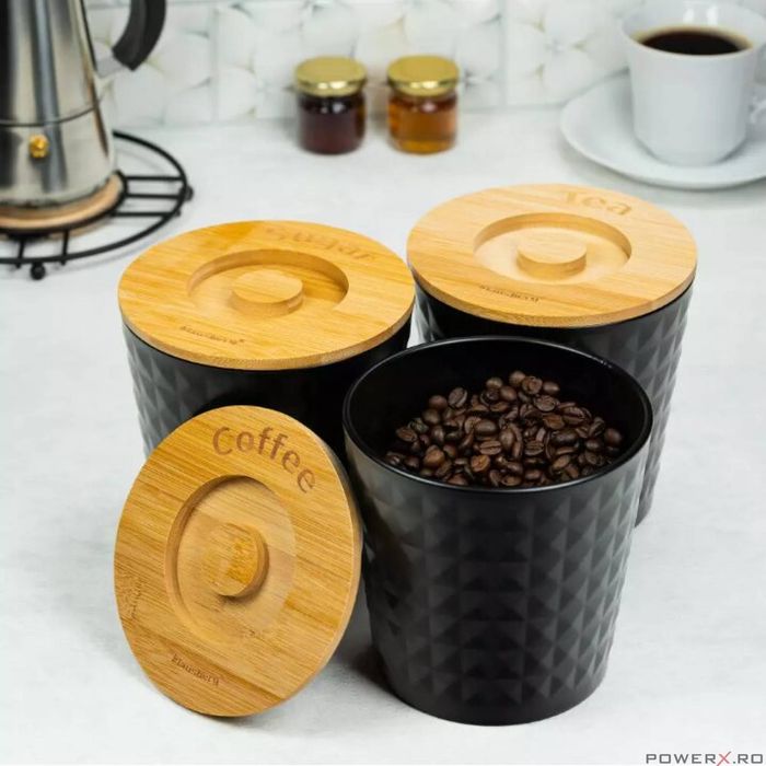 Recipiente pentru depozitat cafea, ceai, zahar, inox-bambus, negru, 3