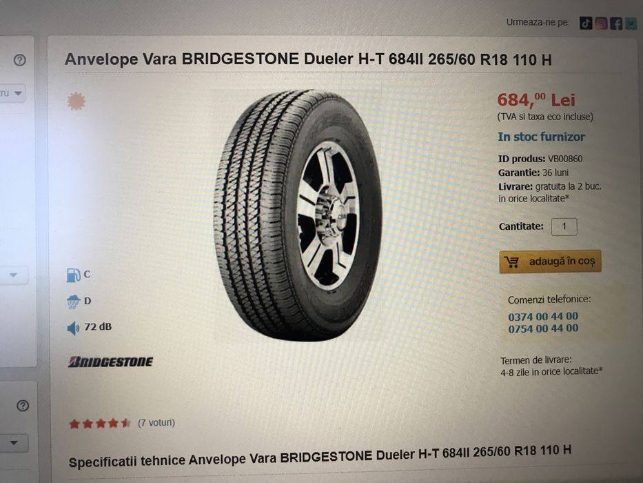 Cauciucuri anvelope vara 265 60 18 TVA 19% Bridgestone Dueler