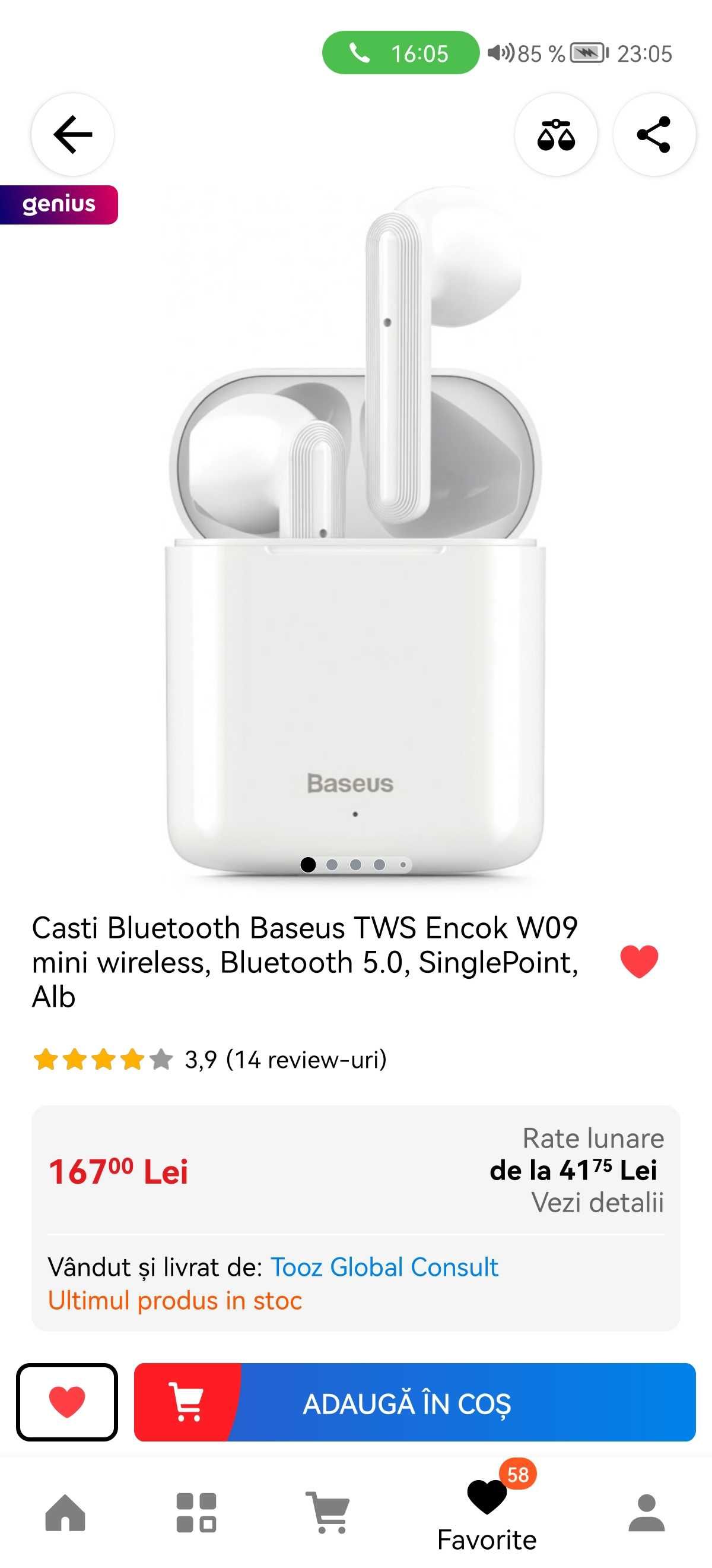 Casti Bluetooth Baseus TWS Encok W09 Wireless Alb TypeC Transp Gratuit