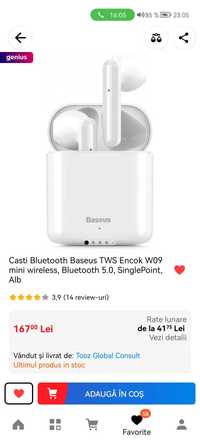 Casti Bluetooth Baseus TWS Encok W09 Wireless Alb TypeC Transp Gratuit