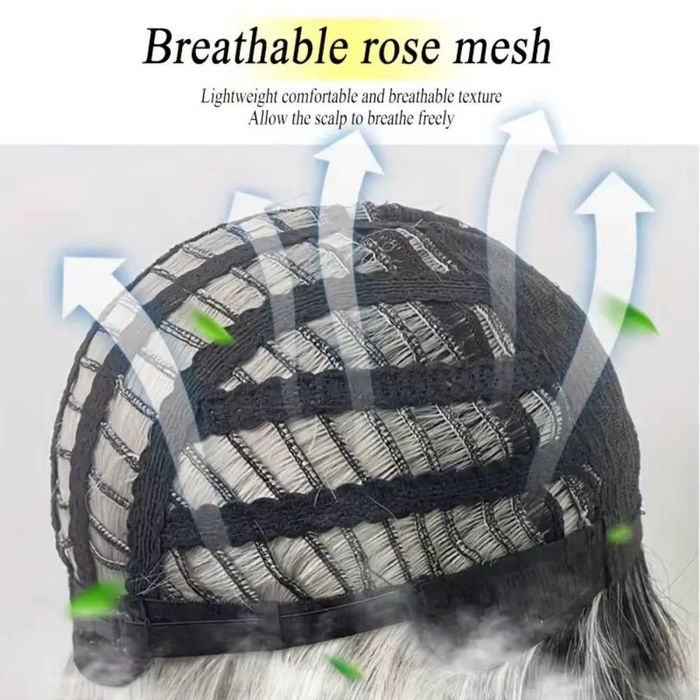 Косплей аниме дълга сребристо сива перука с тъмни краища и бретон