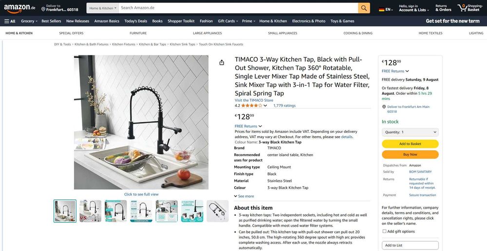 Baterie bucatarie cu dus si 3 Intrari Apa, Black, REDUS de la 650RON