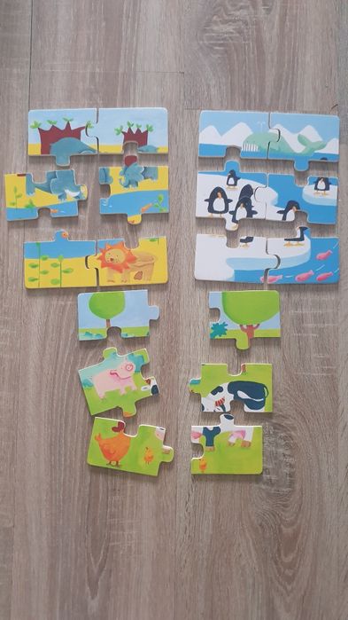 Joc din lemn, 3 puzzle-uri cu animale