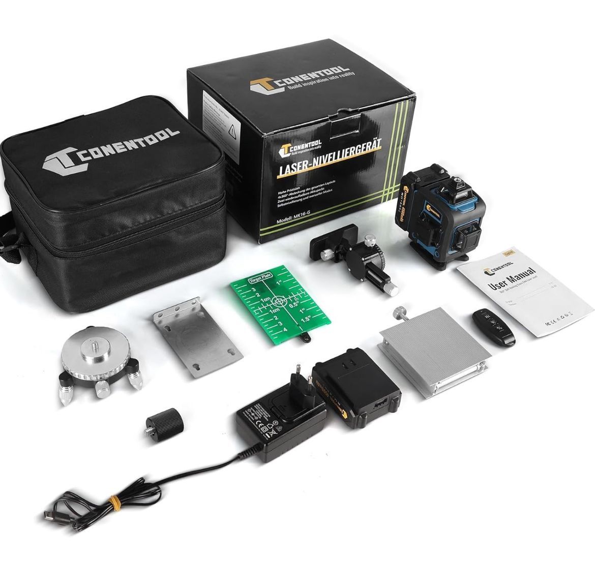 CONENTOOL Laser în cruce, 4 x 360° cu rază verde, 2 baterii 4500 mAh