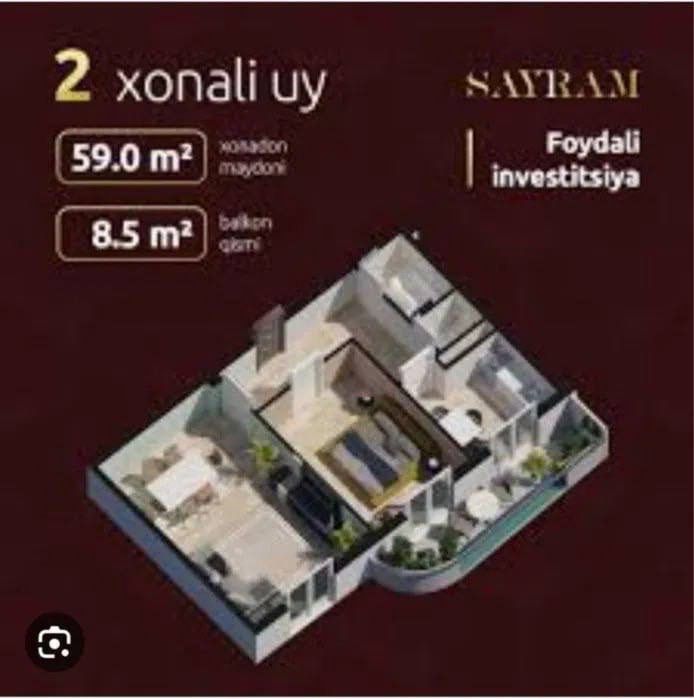 Квартира продается на ЖК Сайрам 2/13/16 с Площадью 60м2+8,5м2 балкон