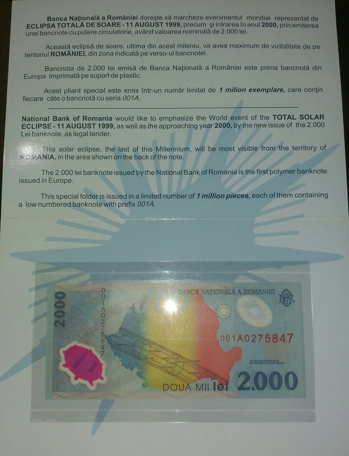 Bancnota de 2.000 lei cu eclipsa din august 1999