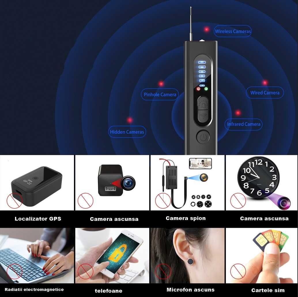 Detector portabil Aparate Spionaj, camere ascunse, microfoane ascunse