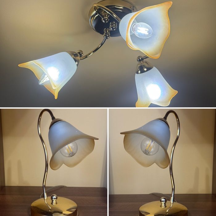 Set iluminat | 3 piese | Metal auriu și sticlă bej-maro