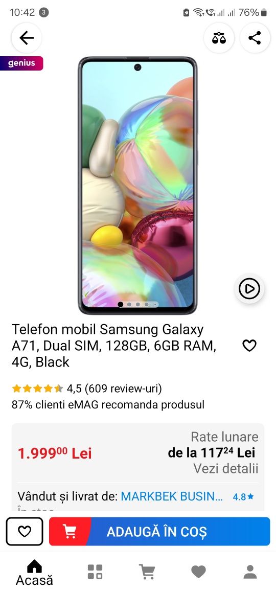 Vând telefon Samsung galaxy a71 dual sim