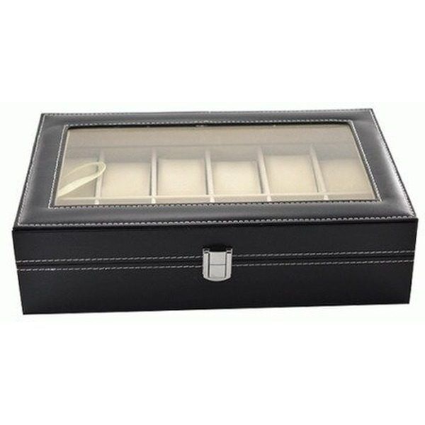 Cutie depozitare ceasuri de mana cu 12 pernite din piele si fereastra