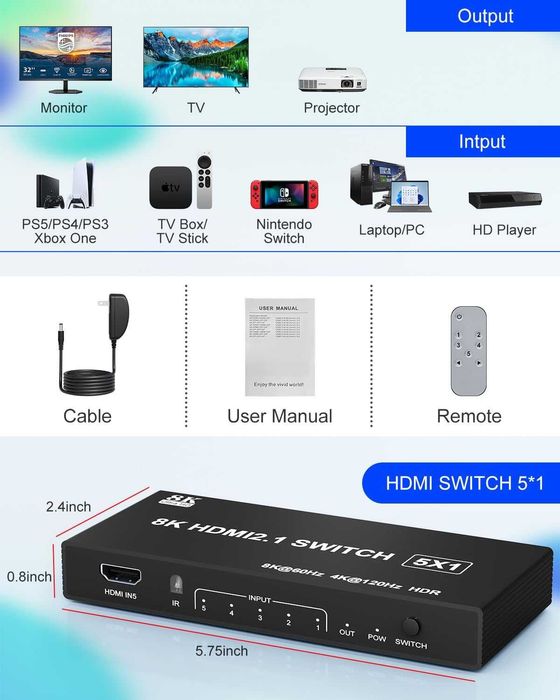 HDMI Splitter 8K 120Hz 5 in 1 cu telecomandă și suport HDR