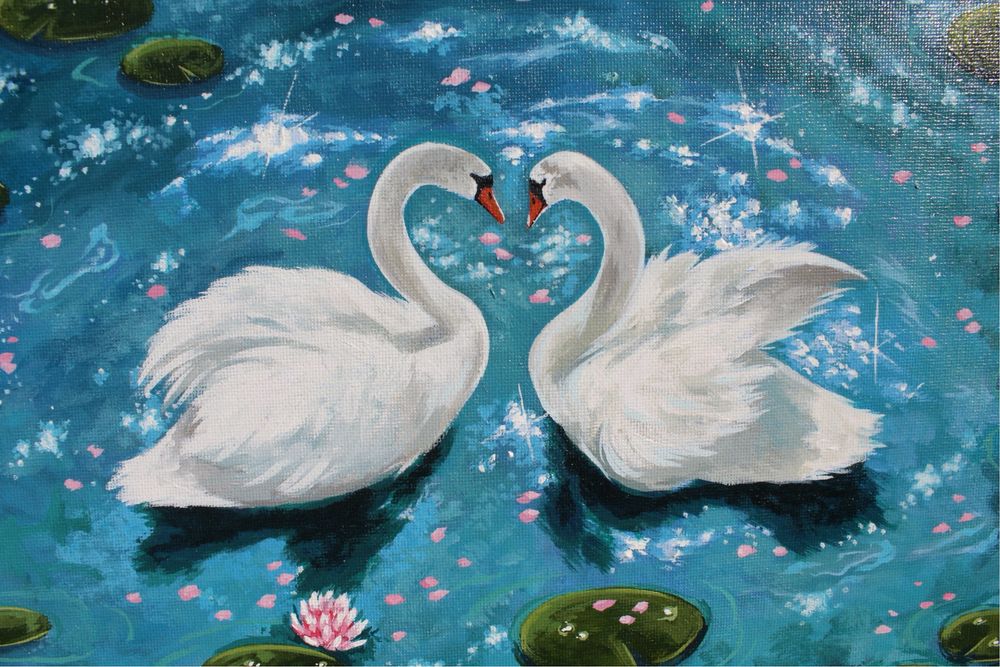 Pictură acrilic pe carton pânzat lebede nuferi
