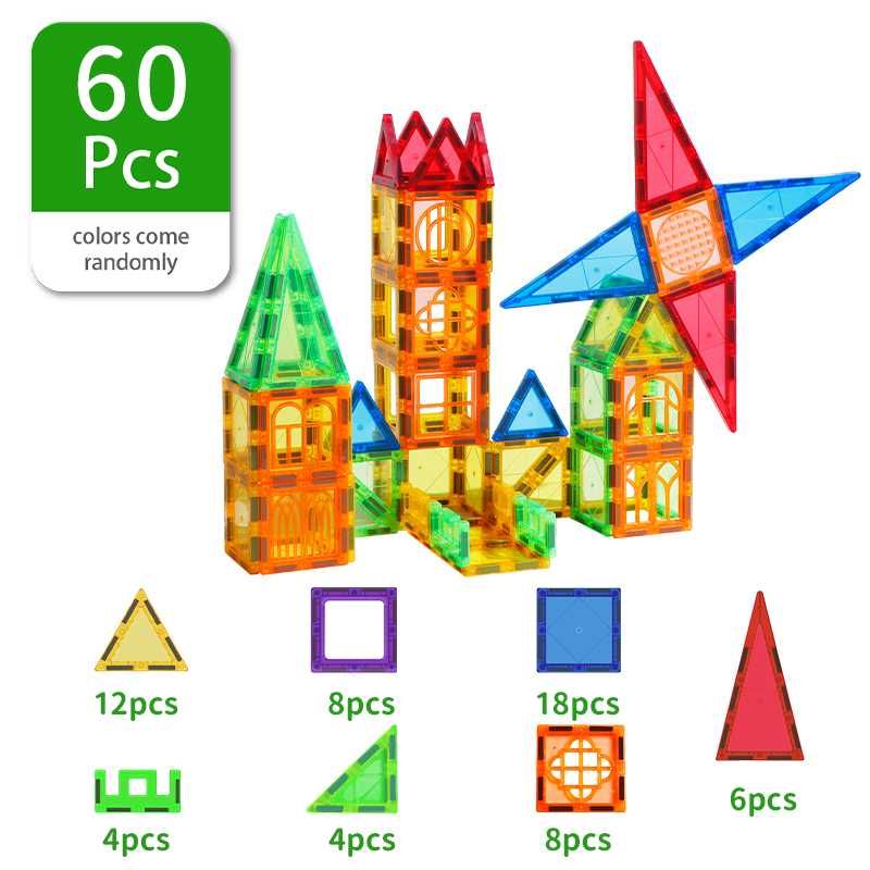 Set de Constructie Magnetic Tiles 3D, jucarii educationale, 60 Piese