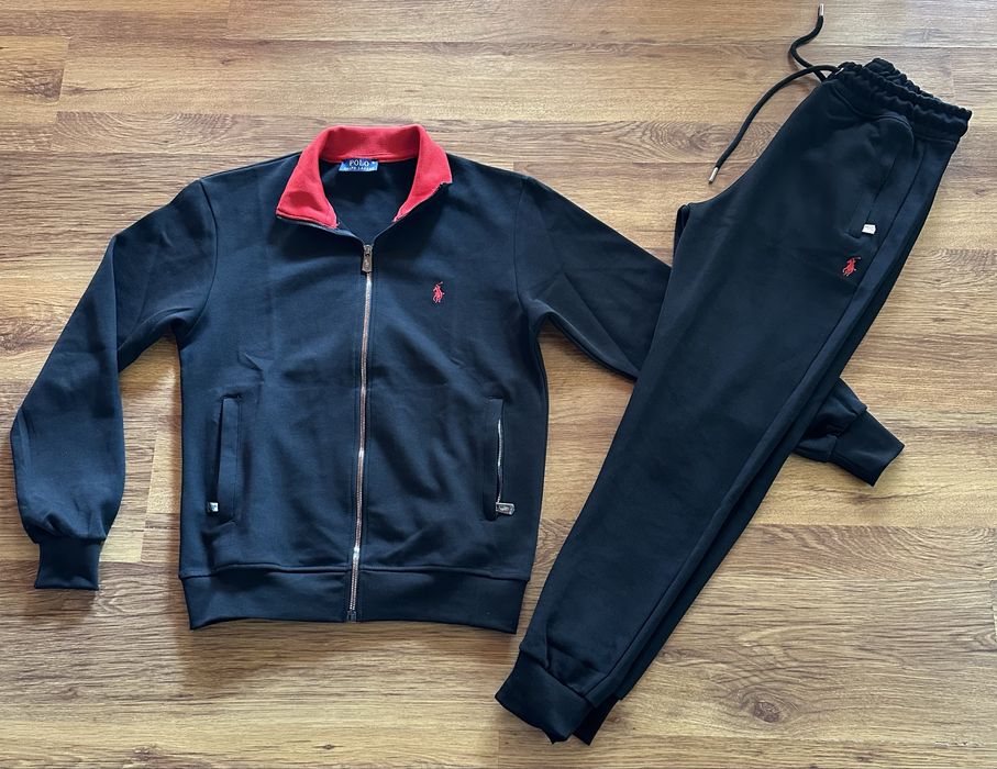 Мъжки,памучен,черен екип Ralph Polo с бродирано лого и ципове на джобо