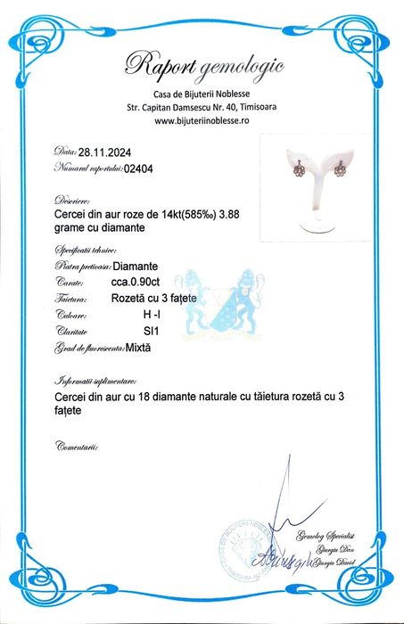 Cercei vechi din aur de 14K si 0.90 ct Diamante naturale cu certifica