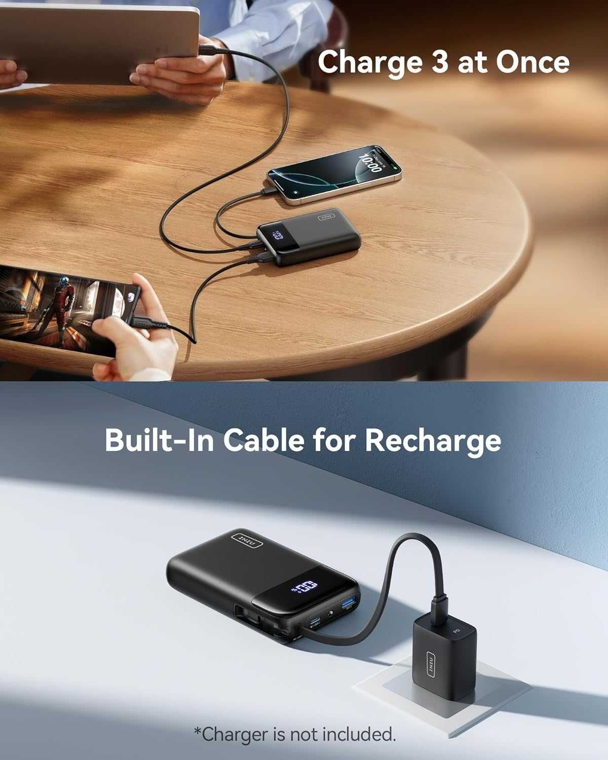 Външна батерия INIU, 20000 mAh Power Bank с USB-C кабел, 22,5 W PD