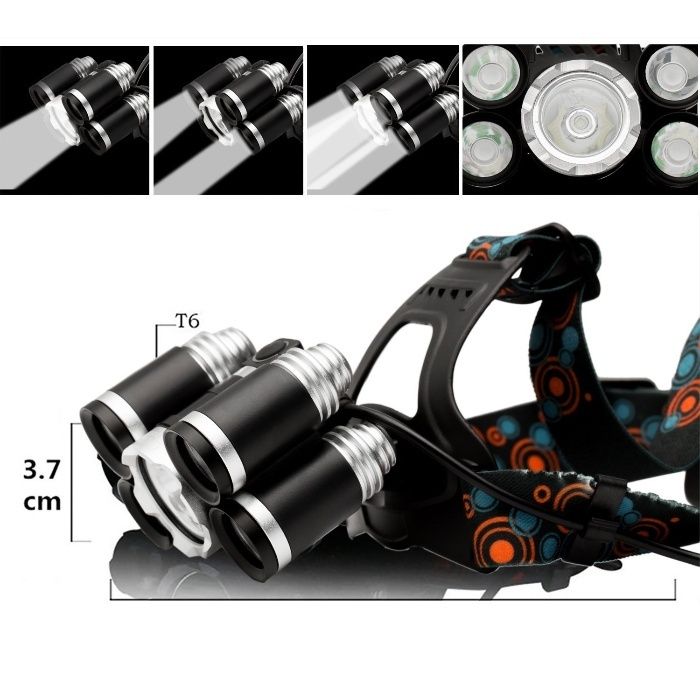 Супер мощен LED фенер - челник с акумулаторни батерии и 5 LED диода
