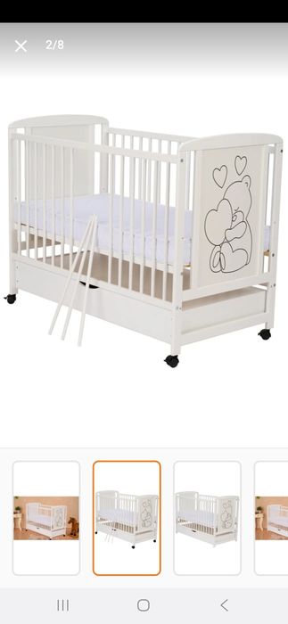 Vând Patut din lemn Qmini Timmi cu sertar si roti Alb + Saltea 12 cm