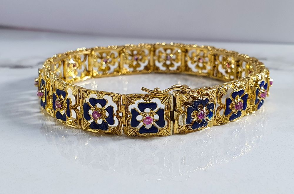 Brățară din aur de 18K cu email albastru și ametiste  model vintage,