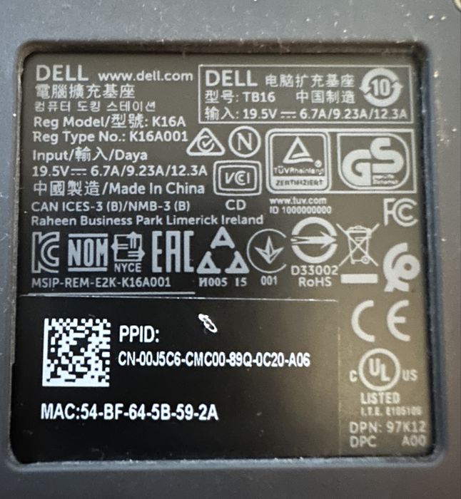 Docking Station Dell TB16, USB-C Thunderbolt 3